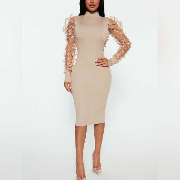 Fashion Nova Tan Ribbed Midi Dress | Sz M - Picture 7 of 7